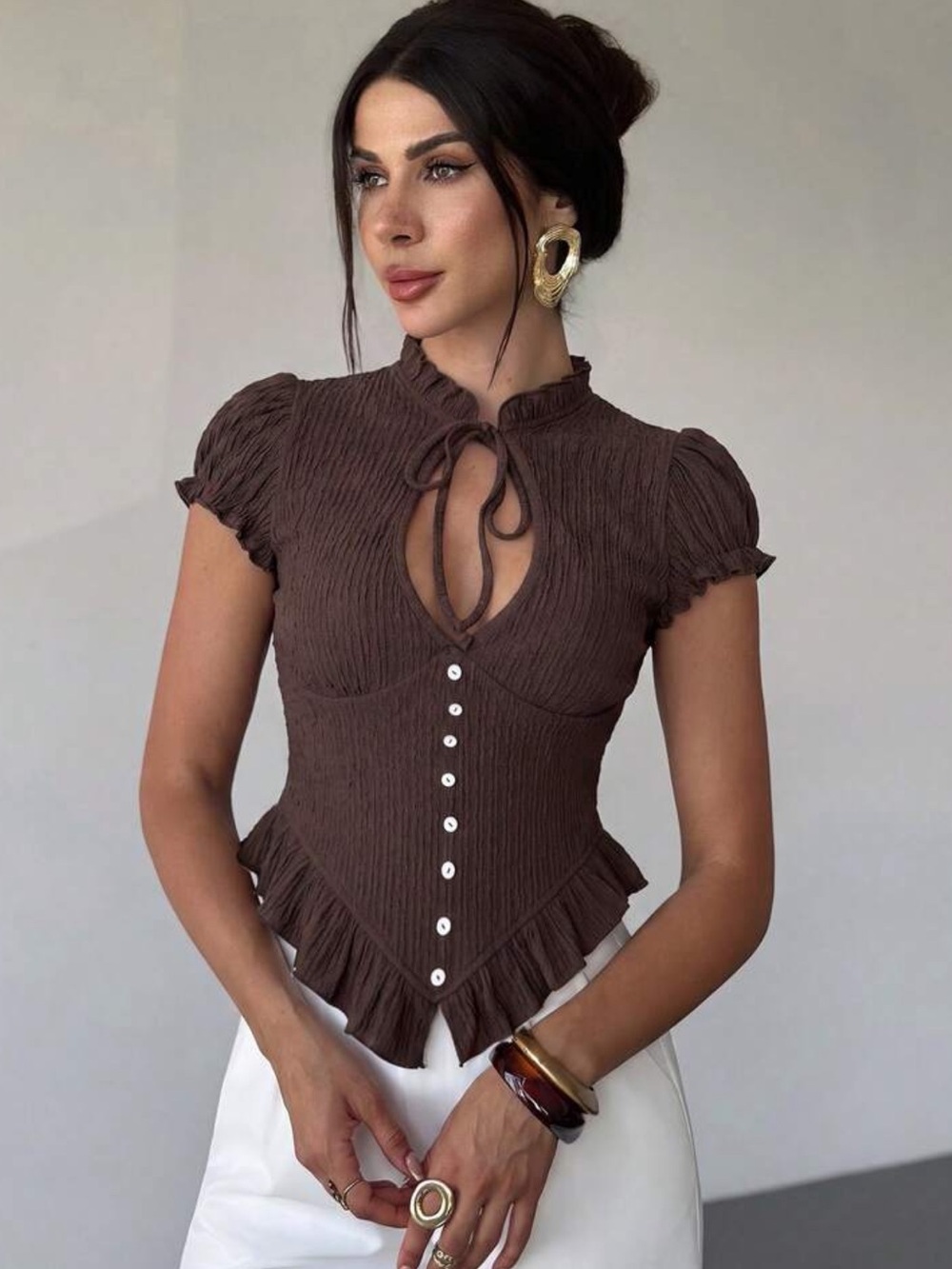 Firerie Lace-Up Hollow V-Neck Short Sleeve Top, Single-Breasted Ruched Waist